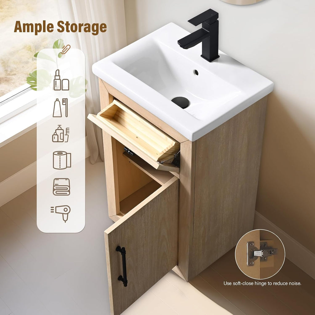 HOMEBEYOND 20 Inch Bathroom Vanity with Single Sink & Ceramic Top, MDF Material Vanity Cabinet with Basin Combo, Soft-Closing Doors, Removable Shelf, Backsplash