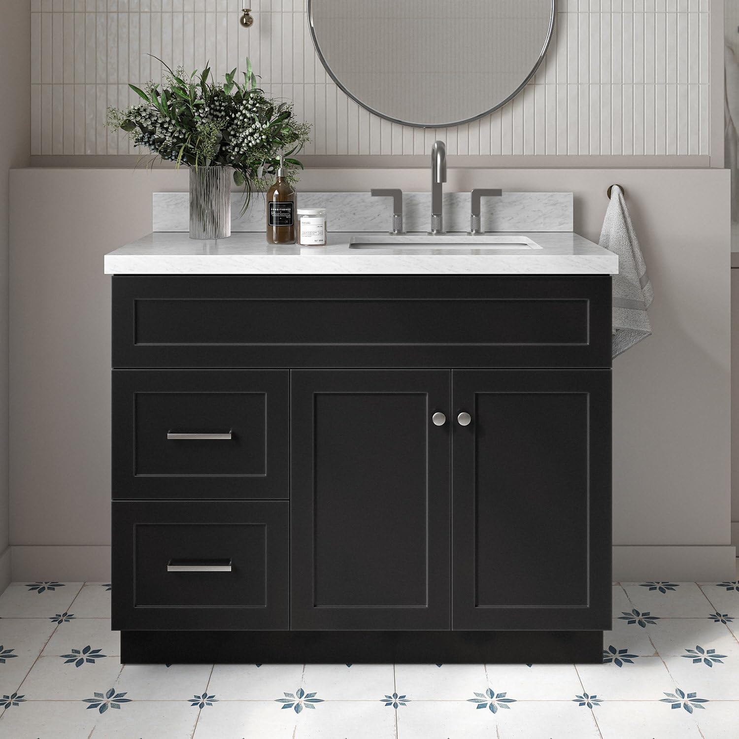ARIEL Hamlet 42-inch Bathroom Vanity with Sink,Solid Wood, 1.5-inch Italian Carrara Marble Countertop, Single Rectangular Porcelain Sink, 2 Soft Closing Doors, 2 Dovetail Drawers, Black