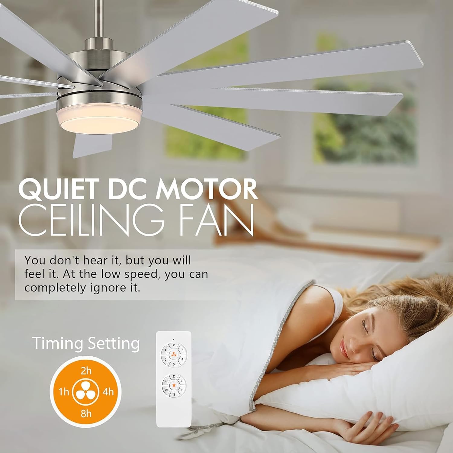 LEDLUX 72' Ceiling Fan with Light, 6-Speed Remote Control, Reversible DC Motor, Modern 9 Blades Silver with 4.5'/12'/24' Downrods for Home or Commercial, Living Room/Restaurant