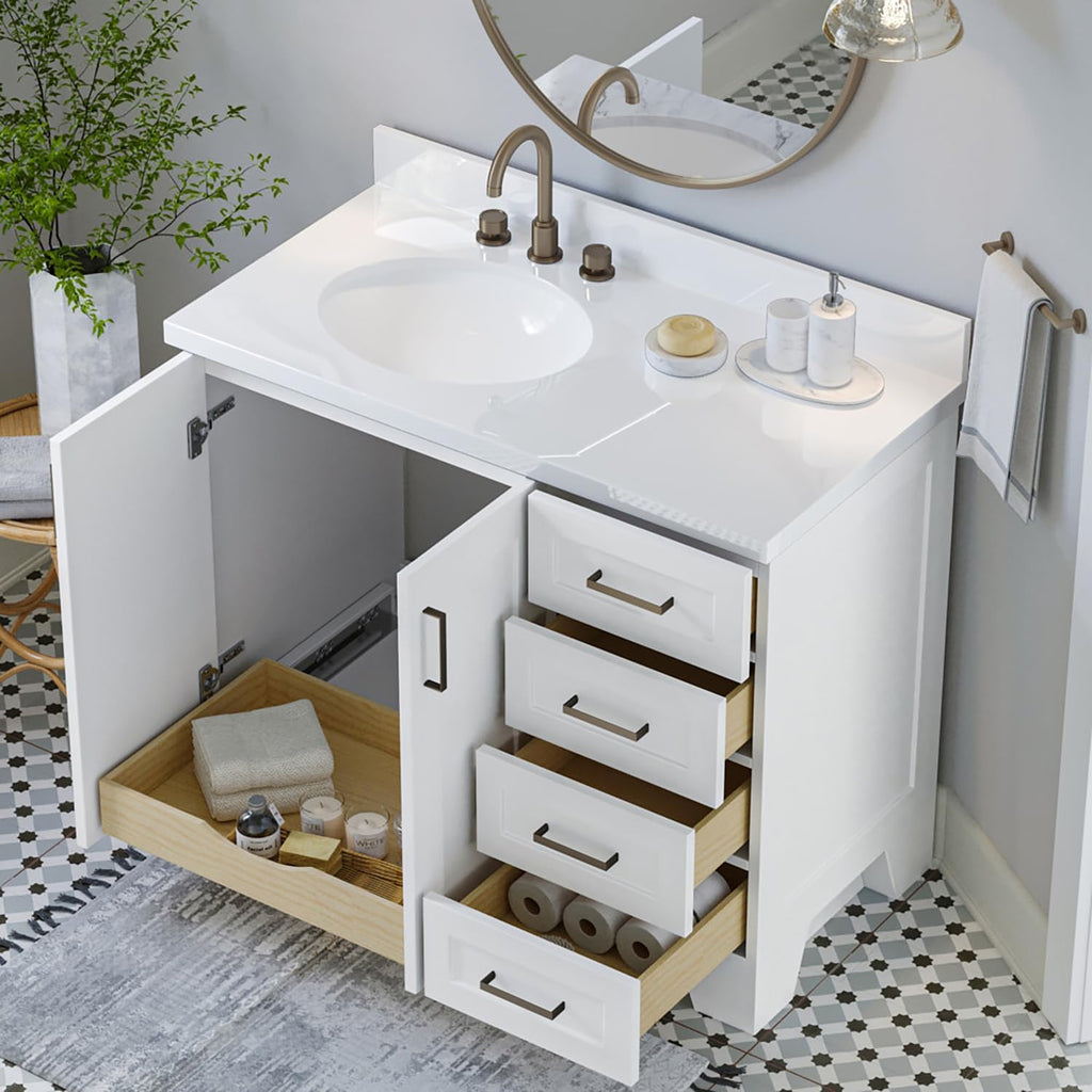 ARIEL Taylor 42-inch Bathroom Vanity with Sink,Solid Wood, 1.5-inch Pure White Quartz Countertop & Backsplash, Single Oval Porcelain Sink, 2 Soft Closing Doors, 5 Dovetail Drawers, White