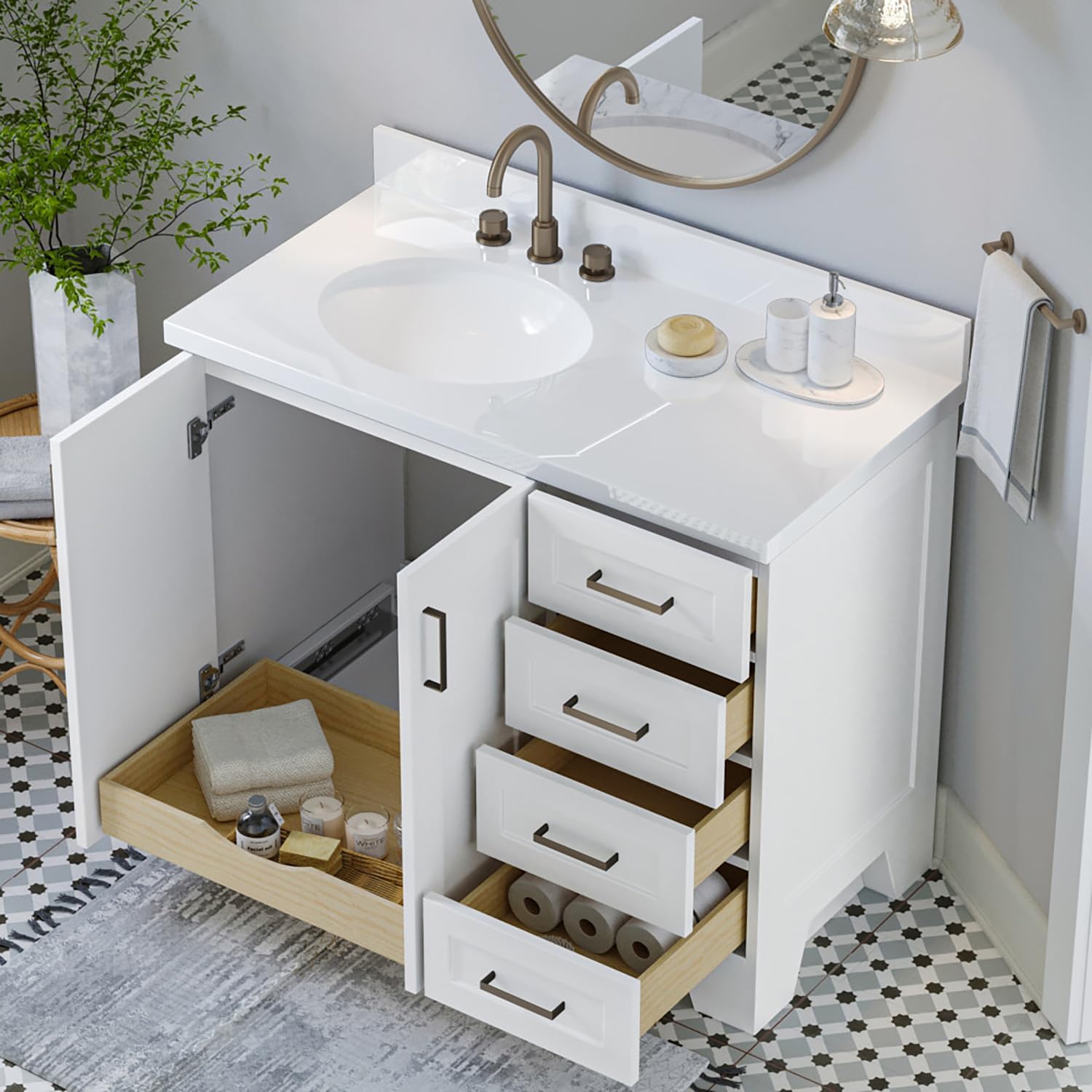 ARIEL Taylor 42-inch Bathroom Vanity with Sink,Solid Wood, 1.5-inch Pure White Quartz Countertop & Backsplash, Single Oval Porcelain Sink, 2 Soft Closing Doors, 5 Dovetail Drawers, White