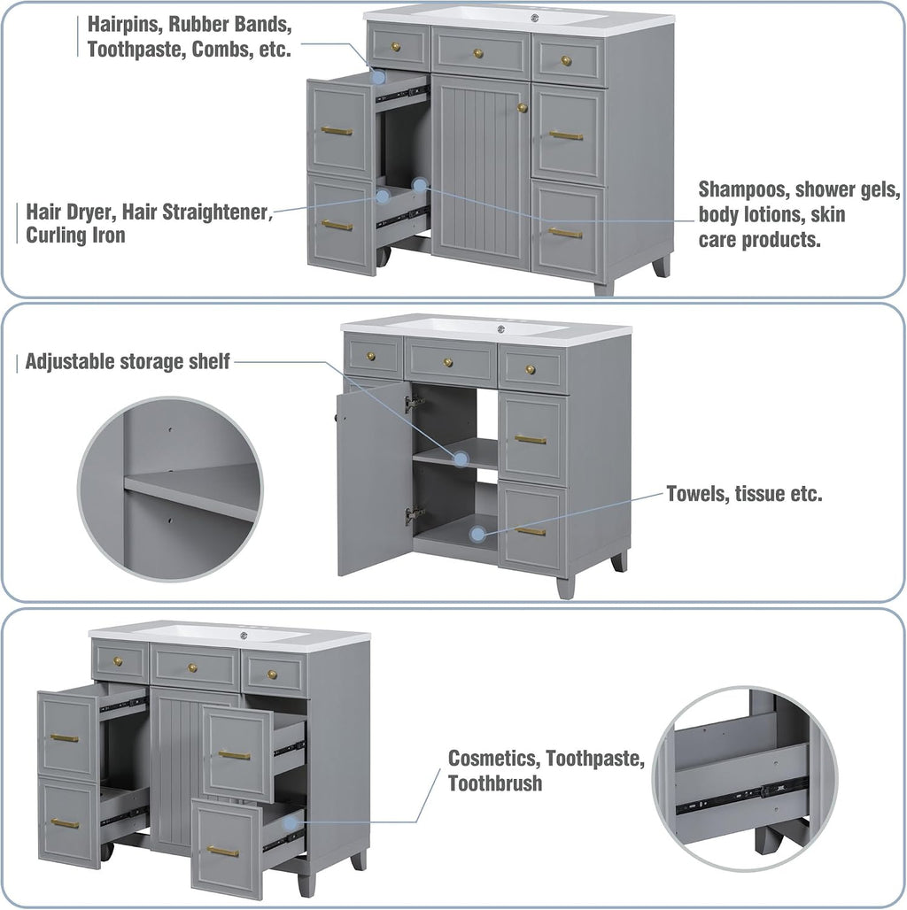 LUMISOL 36' Bathroom Vanity with Sink Top, Modern Bathroom Storage Cabinet with 3 Drawers & 2 Doors, Grey Bathroom Vanity with Undermount Sink, Solid Wood Frame
