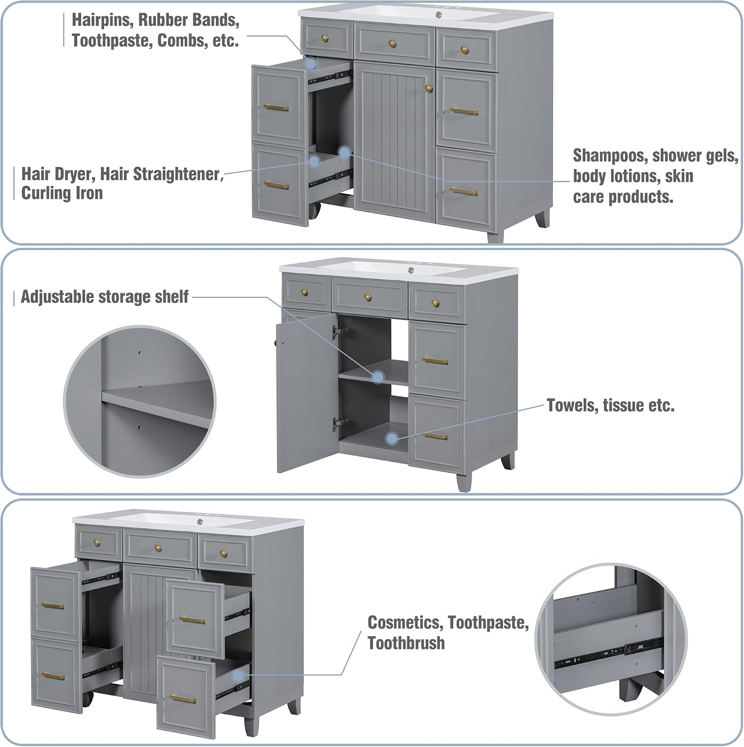 LUMISOL 36' Bathroom Vanity with Sink Top, Modern Bathroom Storage Cabinet with 3 Drawers & 2 Doors, Grey Bathroom Vanity with Undermount Sink, Solid Wood Frame