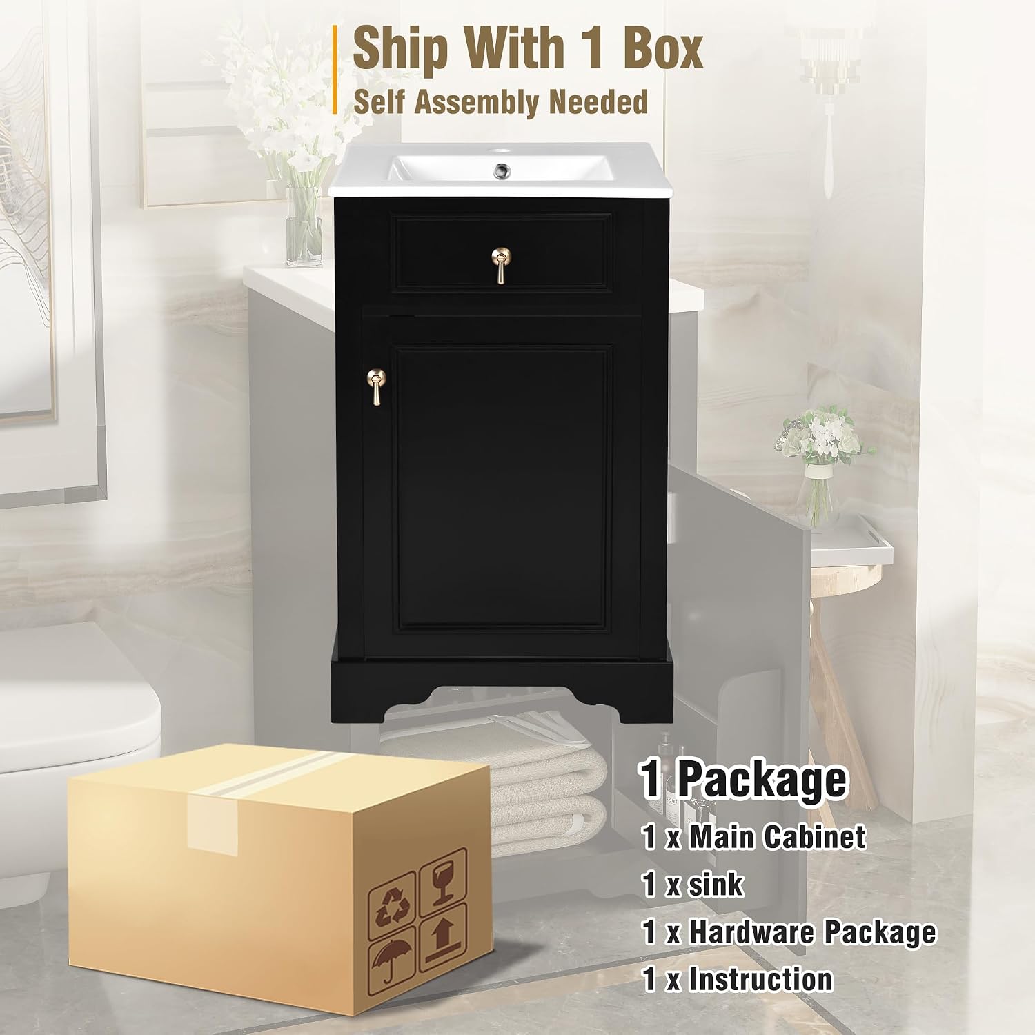 20-inch Bathroom Vanity with Sink, Free Standing Vanity Cabinet with One Door, Storage Rack, and Adjustable Shel, Solid Wood Vanity Set with Ceramic Sink for Bathroom (Black)