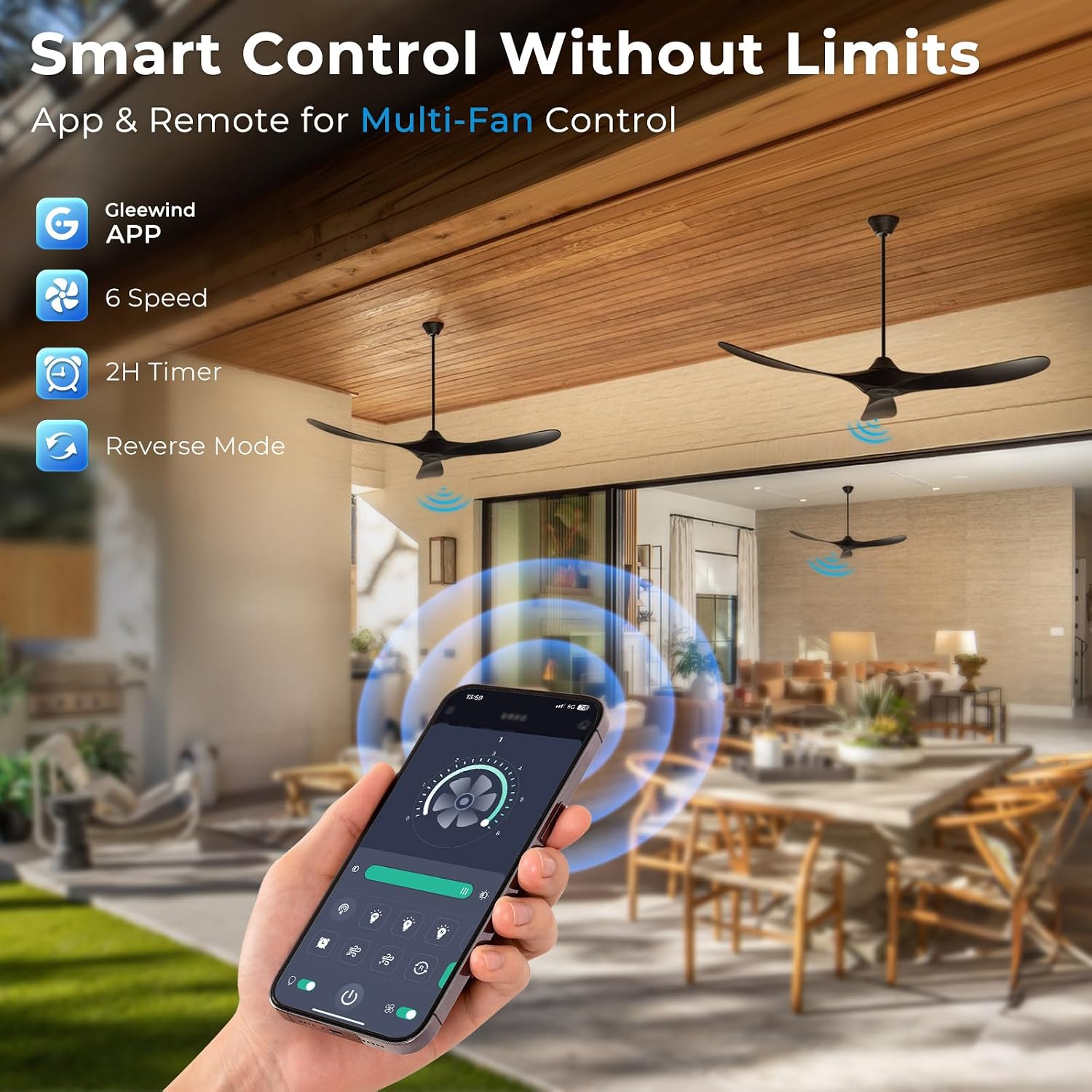 60 inch Black Outdoor Ceiling Fan No Light for Patios, Ceiling Fans Without Lights with Smart App and Remote Control, Wet Rated 3 Blades Wood Propeller Fan for Exterior Outside Porch, High CFM