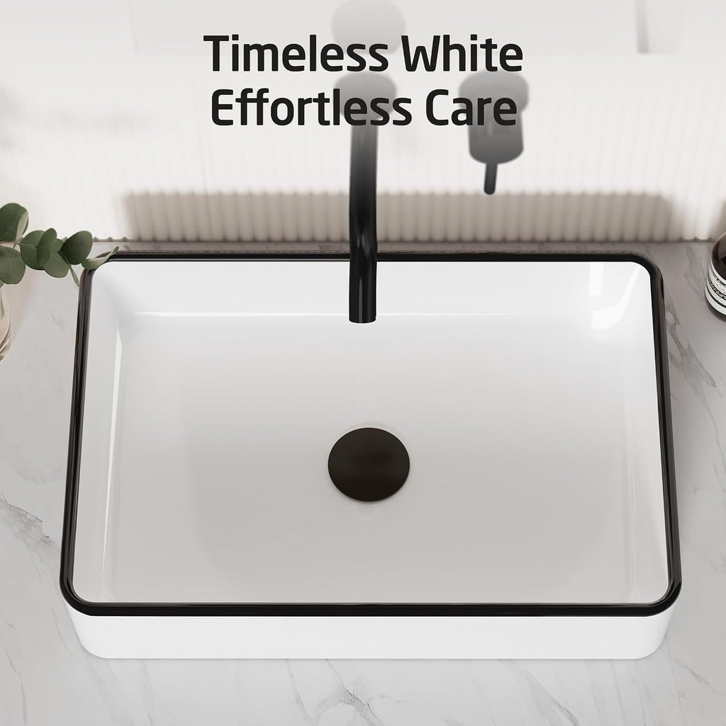 KES 20 Inch Bathroom Vessel Sink with Black Trim Above Counter Rectangular White Ceramic Countertop Sink for Cabinet Lavatory Vanity, BVS123S50-W/B