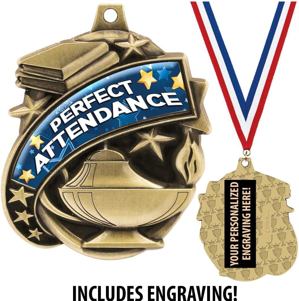 Attendance Medals - 1 1/2' Gold Perfect Attendance Medal, Great Academic Awards with Custom Engraving