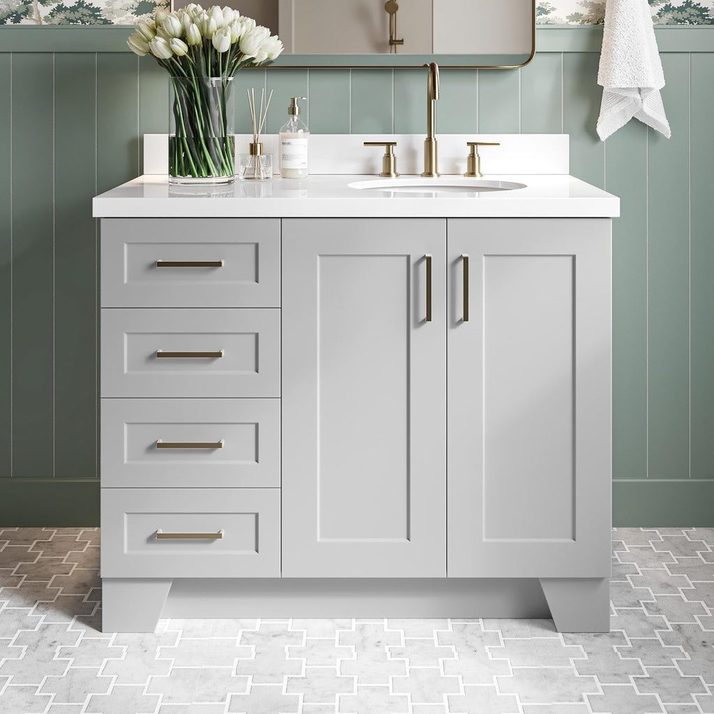 DKB Emilia 42' Grey Single Bathroom Vanity with Sink, 1.5' Pure White Quartz Countertop, Offset Oval Sink, 2 Soft-Closing Doors, 5 Dovetail Drawers