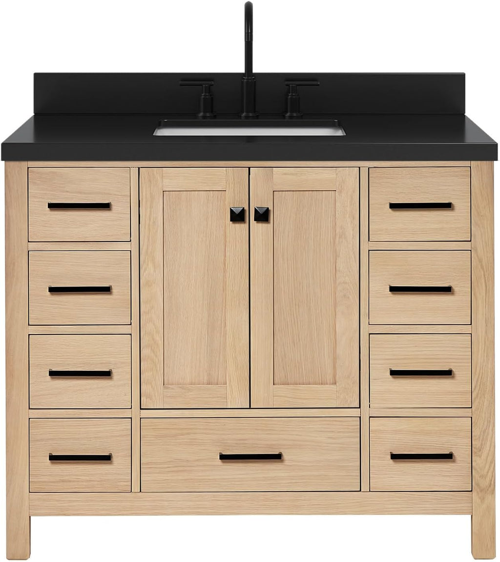 ARIEL Cambridge 42-inch Bathroom Vanity with Sink,Solid Wood, 1.5-inch Carbon Black Quartz Countertop, Single Rectangular Porcelain Sink, Soft Closing Doors, Dovetail Drawers, Oak