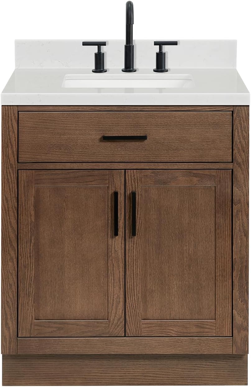 ARIEL Hepburn 30-inch Bathroom Vanity with Sink,Solid Wood, 1.5-inch Carrara White Quartz Countertop, Single Rectangular Porcelain Sink, 2 Soft Closing Doors, 1 Dovetail Drawers, Brown Oak