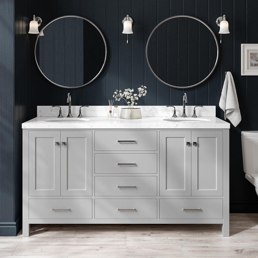 ARIEL Cambridge 66-inch Bathroom Vanity with Sink,Solid Wood, 1.5-inch Carrara White Quartz Countertop & Backsplash, Double Oval Porcelain Sink, 4 Soft Closing Doors, 6 Dovetail Drawers, Grey