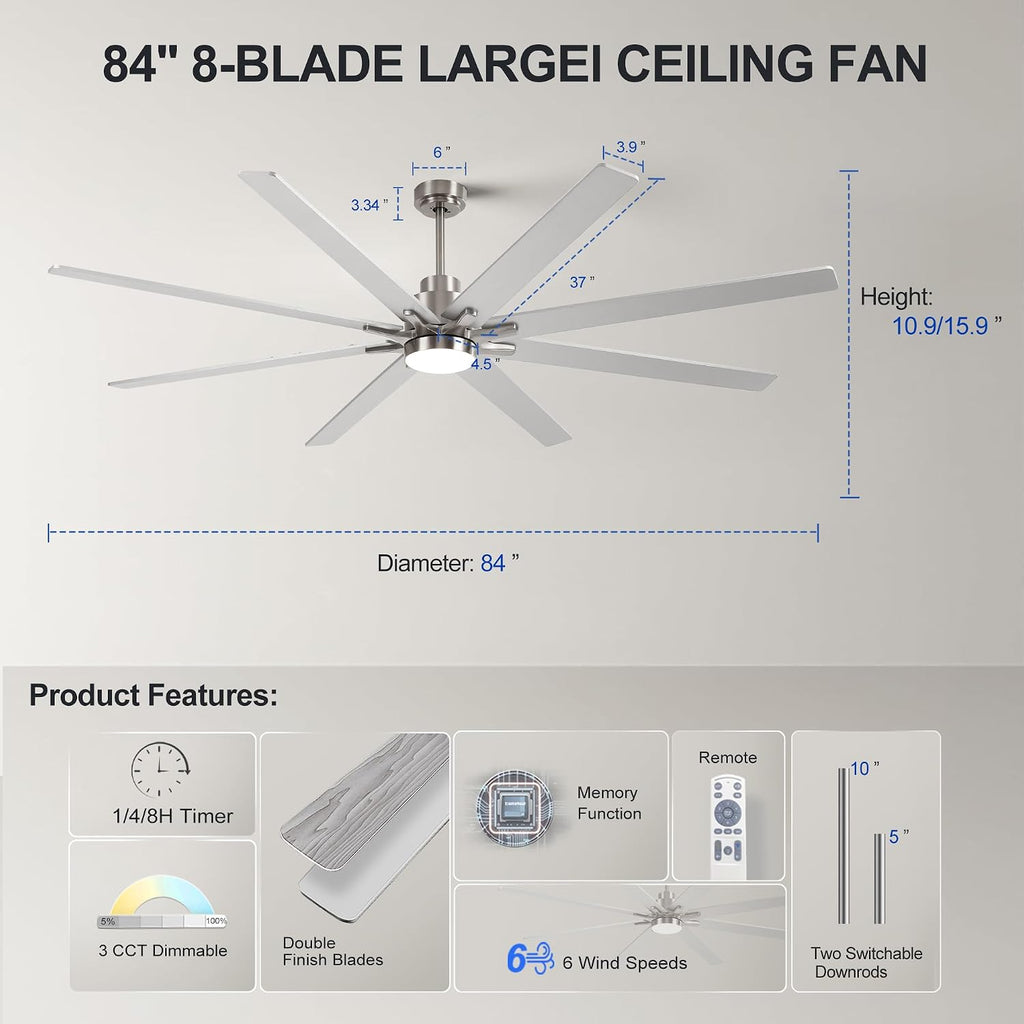 84 Inch Large Size With Light Kit & Remote Control 8 PCS Blades Ceiling Fan 3 Color Dimmable Led Dc Motor Reversible 6 Speed Quiet Remote Control Ceiling Fan For Living Room Bedroom Indoor Nickel