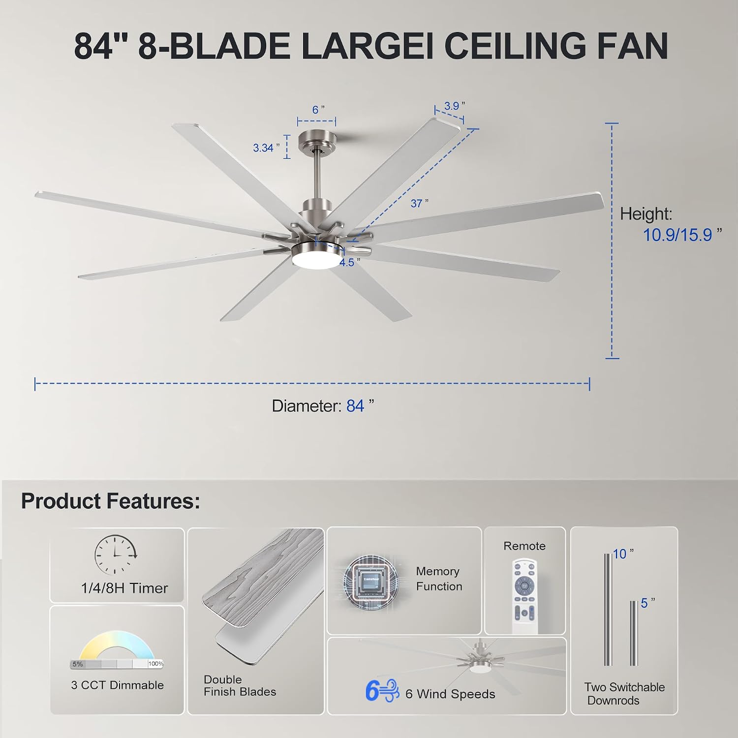 84 Inch Large Size With Light Kit & Remote Control 8 PCS Blades Ceiling Fan 3 Color Dimmable Led Dc Motor Reversible 6 Speed Quiet Remote Control Ceiling Fan For Living Room Bedroom Indoor Nickel