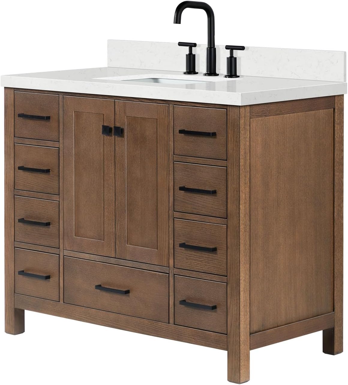 ARIEL Cambridge 42-inch Bathroom Vanity with Sink,Solid Wood, 1.5-inch Carrara White Quartz Countertop, Single Rectangular Porcelain Sink, 2 Soft Closing Doors, 9 Dovetail Drawers, Brown Oak