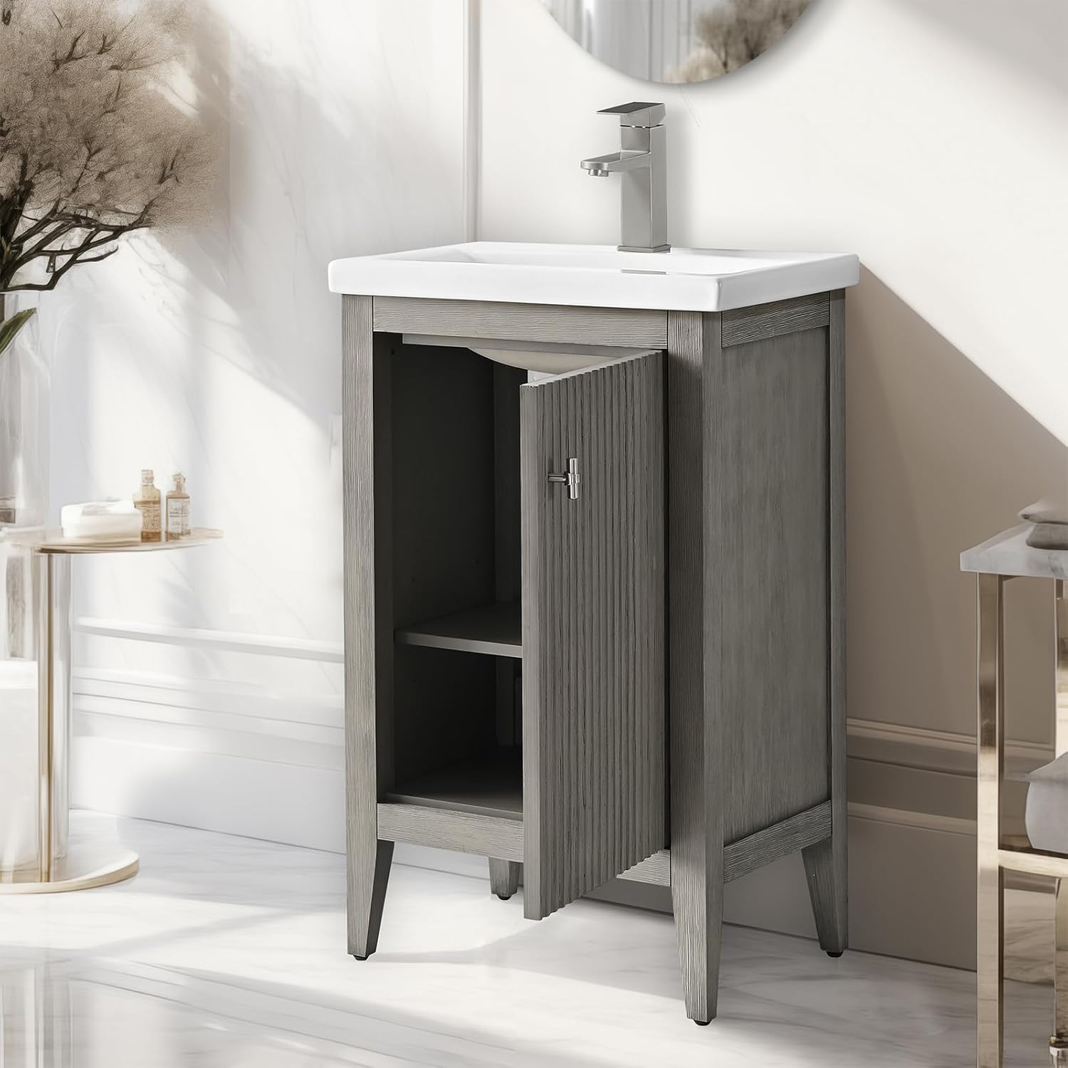 Vanity Art 20 inch Bathroom Vanity with Single Sink & Ceramic Top, Vanity Cabinet with Soft-Closing Door, Solid Wood Frame, Linear Pattern, Driftwood Gray, Golden Brushed Handware VA9120-DG-GB