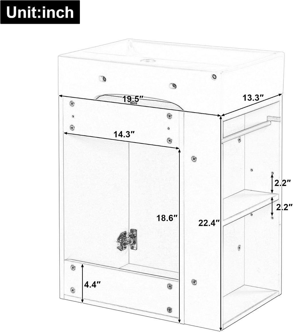 20' Floationg Wall-Mounted Bathroom Vanity with Ceramic Sink, Adjustable Shelf, Toilet Paper Holder, Modern Style, Door with Diamond Design, White