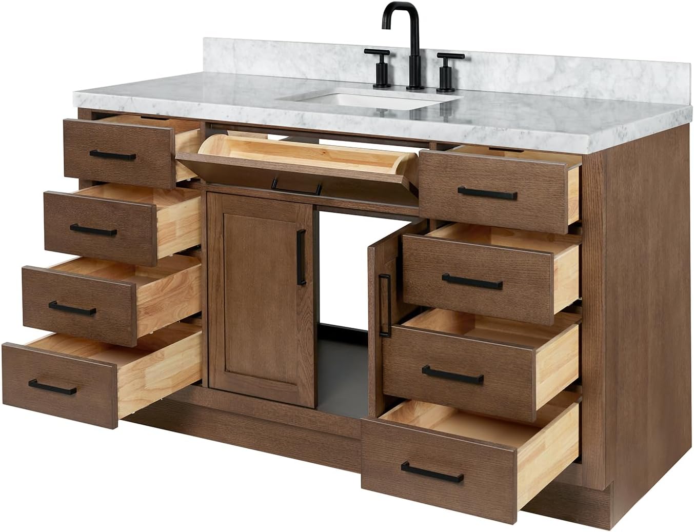 ARIEL Hepburn 60-inch Bathroom Vanity with Sink,Solid Wood, 1.5-inch Italian Carrara Marble Countertop, Single Rectangular Porcelain Sink, 2 Soft Closing Doors, 9 Dovetail Drawers, Brown Oak