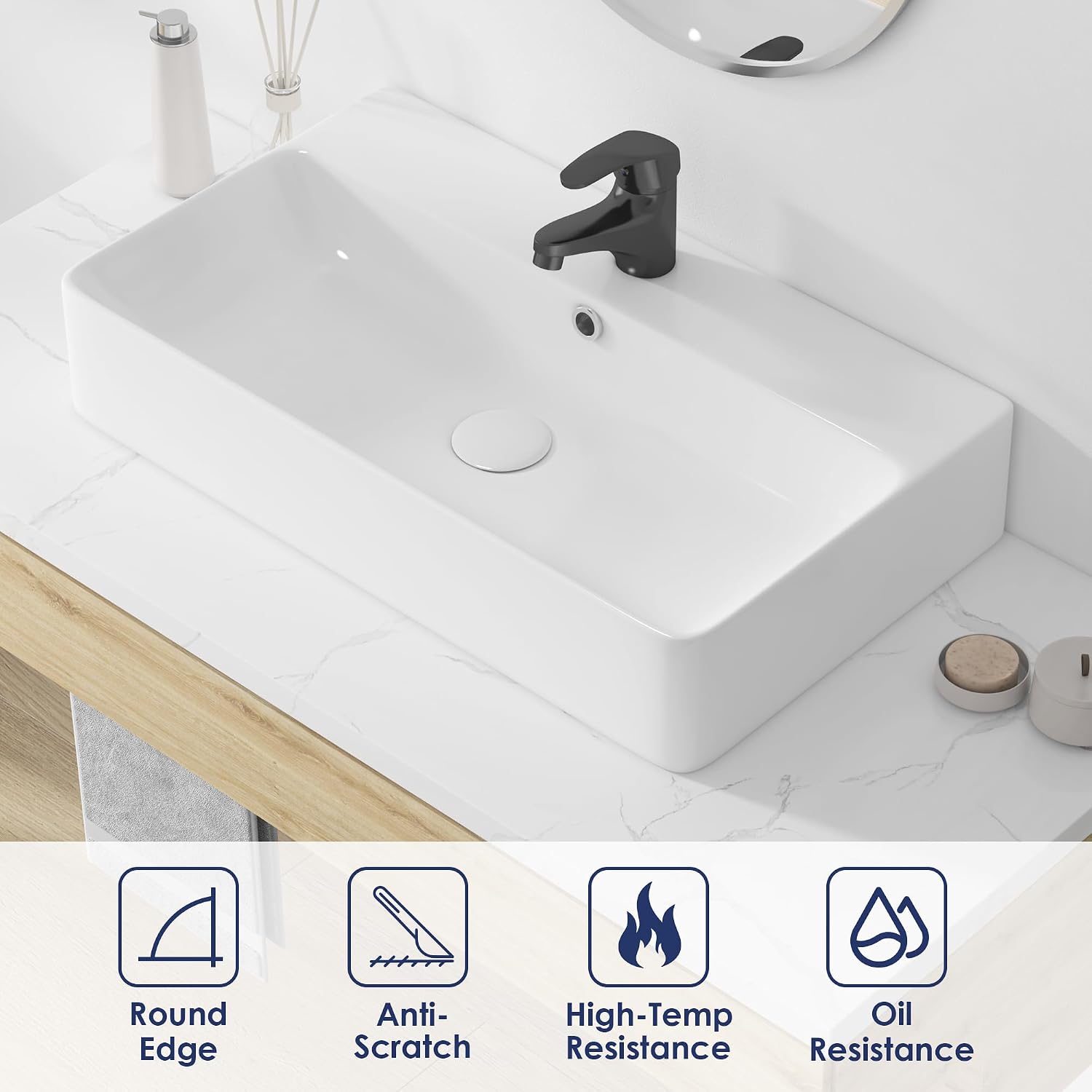 Rectangle Bathroom Vessel Sink 28' x 16.5', Eridanus Wall Mount Sink Ceramic Porcelain, Modern Above Counter Sink White Floating Lavatory Vanity Trough Art Basin with Overflow