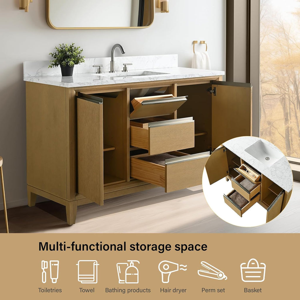 HOMEBEYOND 48 Inch Bathroom Vanity with Single Sink & Ceramic Top, Vanity Cabinet with Solid Wood Frame, Soft-Closing Doors, Drawers, Natural Oak
