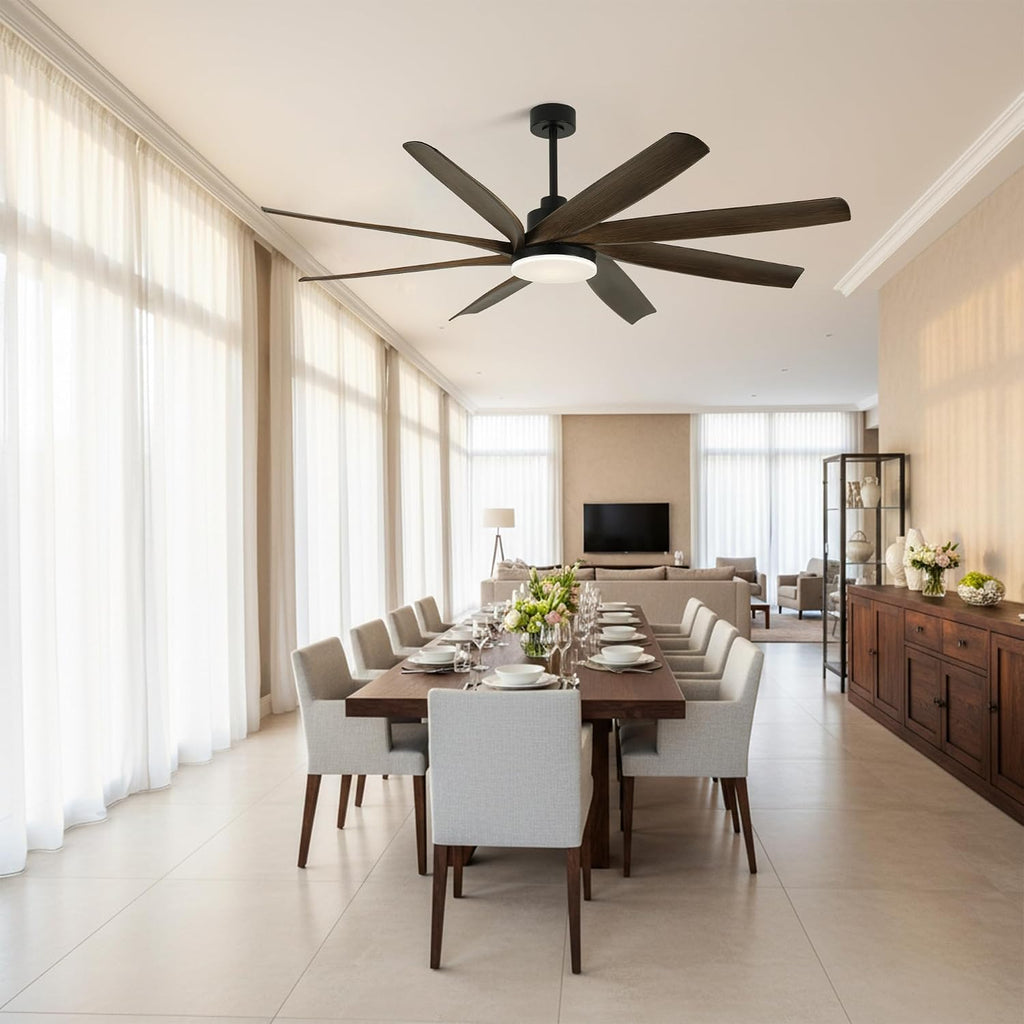Dawn Whisper 72 Inch Ceiling Fans with Lights and Remote Black Large Modern LED Ceiling Fan for Living Room Bedroom 8 Blades 6 Speed Reversible DC Motor