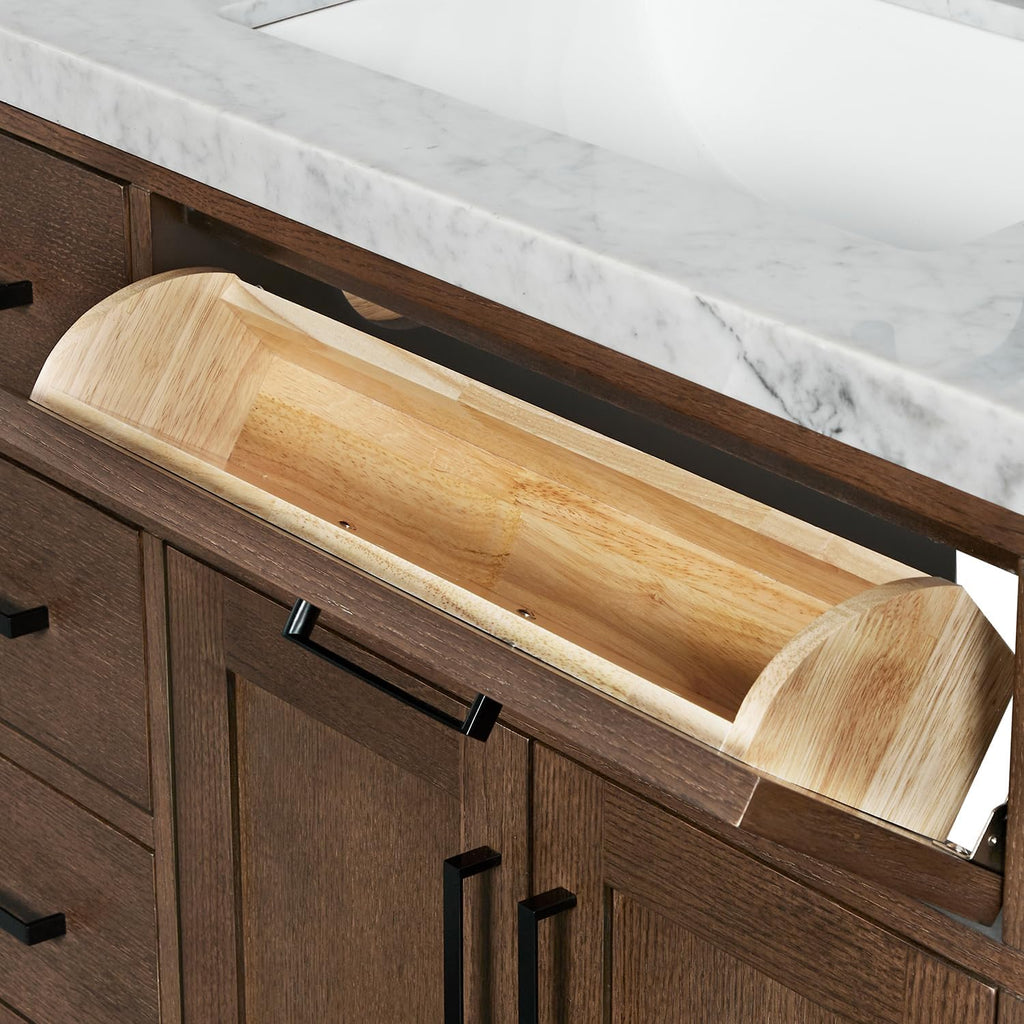DKB Isabella 72-Inch Brown Oak Double Bathroom Vanity with Sink, 1.5-Inch Edge Italian Carrara Marble Countertop & 4' Backsplash, Soft-Closing Doors & Drawers, Solid Oak Wood Construction
