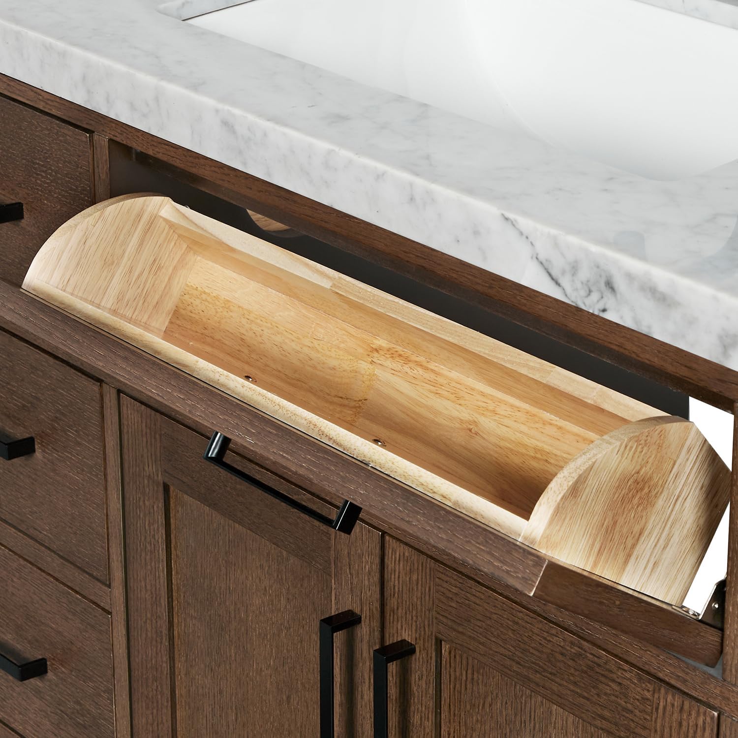 DKB Isabella 72-Inch Brown Oak Double Bathroom Vanity with Sink, 1.5-Inch Edge Italian Carrara Marble Countertop & 4' Backsplash, Soft-Closing Doors & Drawers, Solid Oak Wood Construction