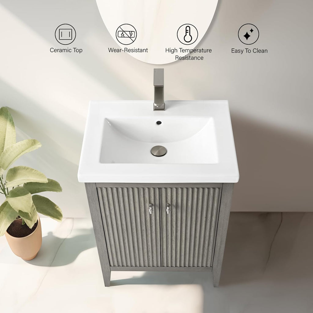 Vanity Art 24 inch Bathroom Vanity with Single Sink & Ceramic Top, Vanity Cabinet with Soft-Closing Door, Solid Wood Frame, Linear Pattern, Driftwood Gray, Golden Brushed Handware VA9124-DG-GB