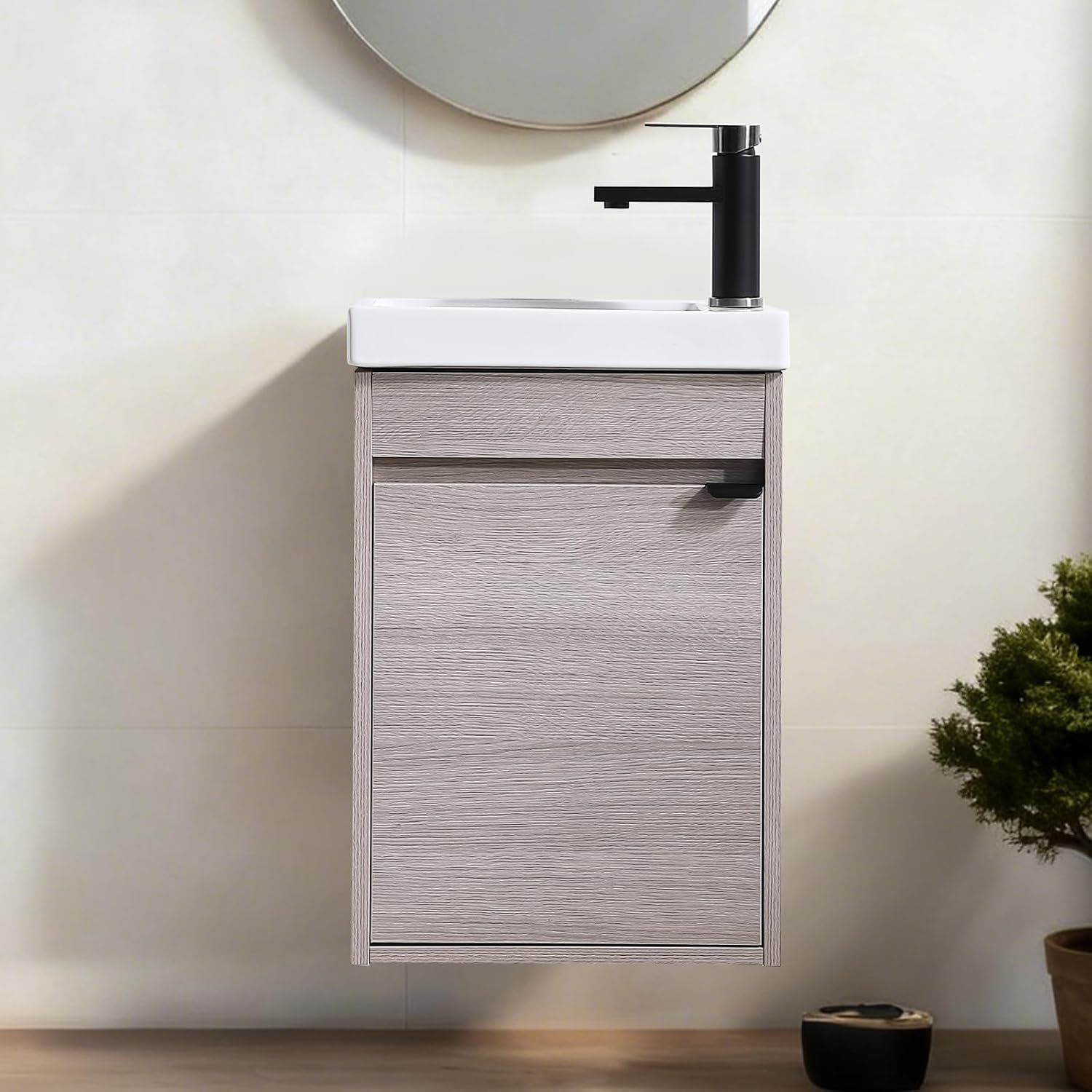 16 Inch Bathroom Vanity with Sink Combo, Wall Mounted Cabinet Set with 1 Door and White Ceramic Basin Sink Top, Forest Oak Floating Bathroom Vanity for Small Space