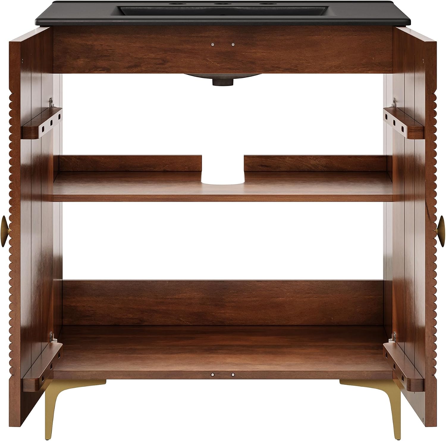 Modway Vernon 30' Fluted Wood Bathroom Vanity in Walnut Black with Ceramic Sink – Mid-Century Modern Freestanding Vanity with Integrated Sink and Countertop