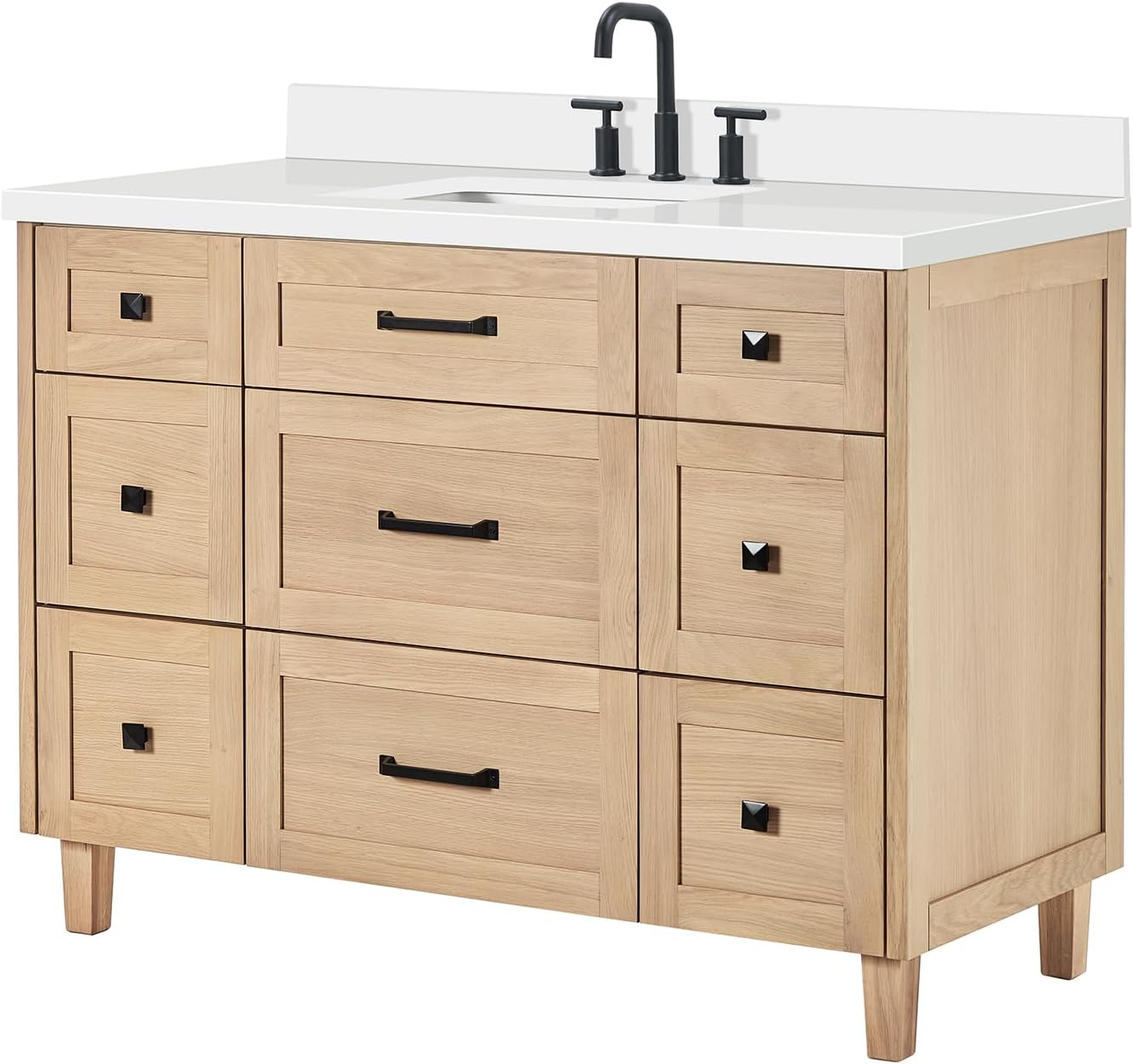 ARIEL Monroe 48-inch Bathroom Vanity with Sink,Solid Wood, 1.5-inch Pure White Quartz Countertop & Backsplash, Single Rectangular Porcelain Sink, 9 Dovetail Drawers, Matte Black, White Oak
