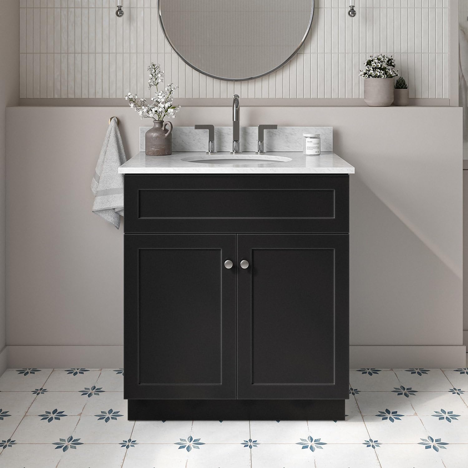 ARIEL Hamlet 30-inch Bathroom Vanity with Sink,Solid Wood, 0.75-inch Italian Carrara Marble Countertop, Single Oval Porcelain Sink, Soft Closing Doors, Black