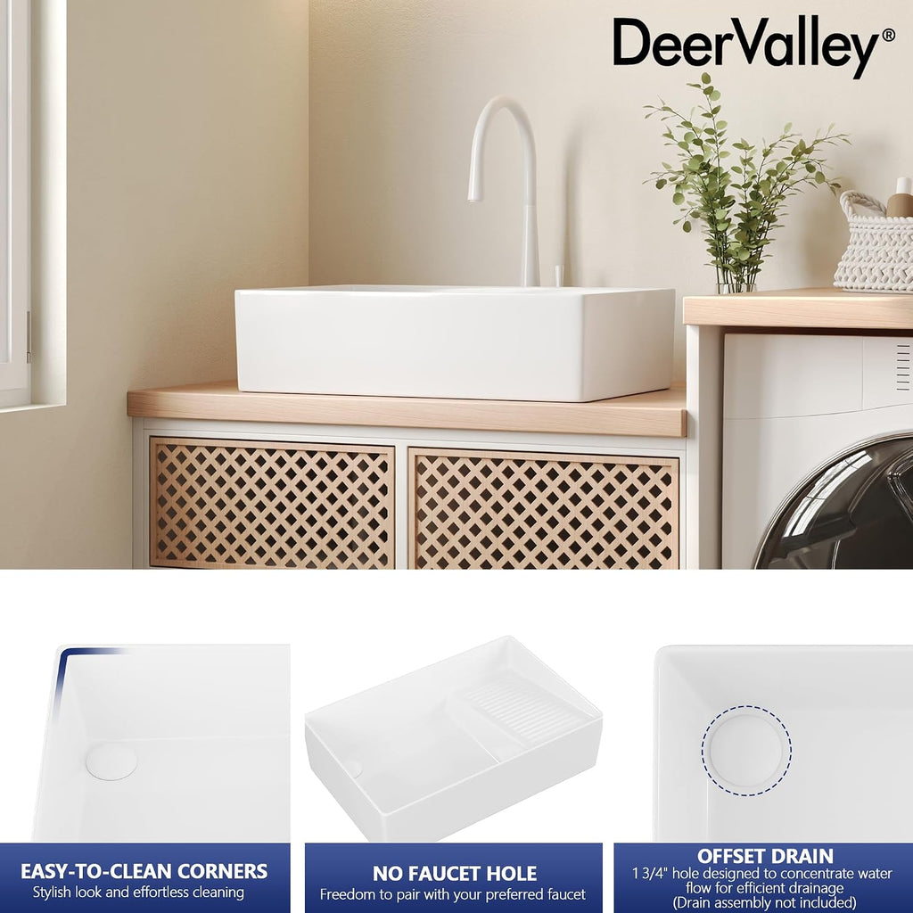 DeerValley 24x15 Inch Utility Vessel Sink, White Ceramic Rectangular Basin with Built-In Washboard and Side Drain, Laundry or Bathroom Sink, DV-1V0321
