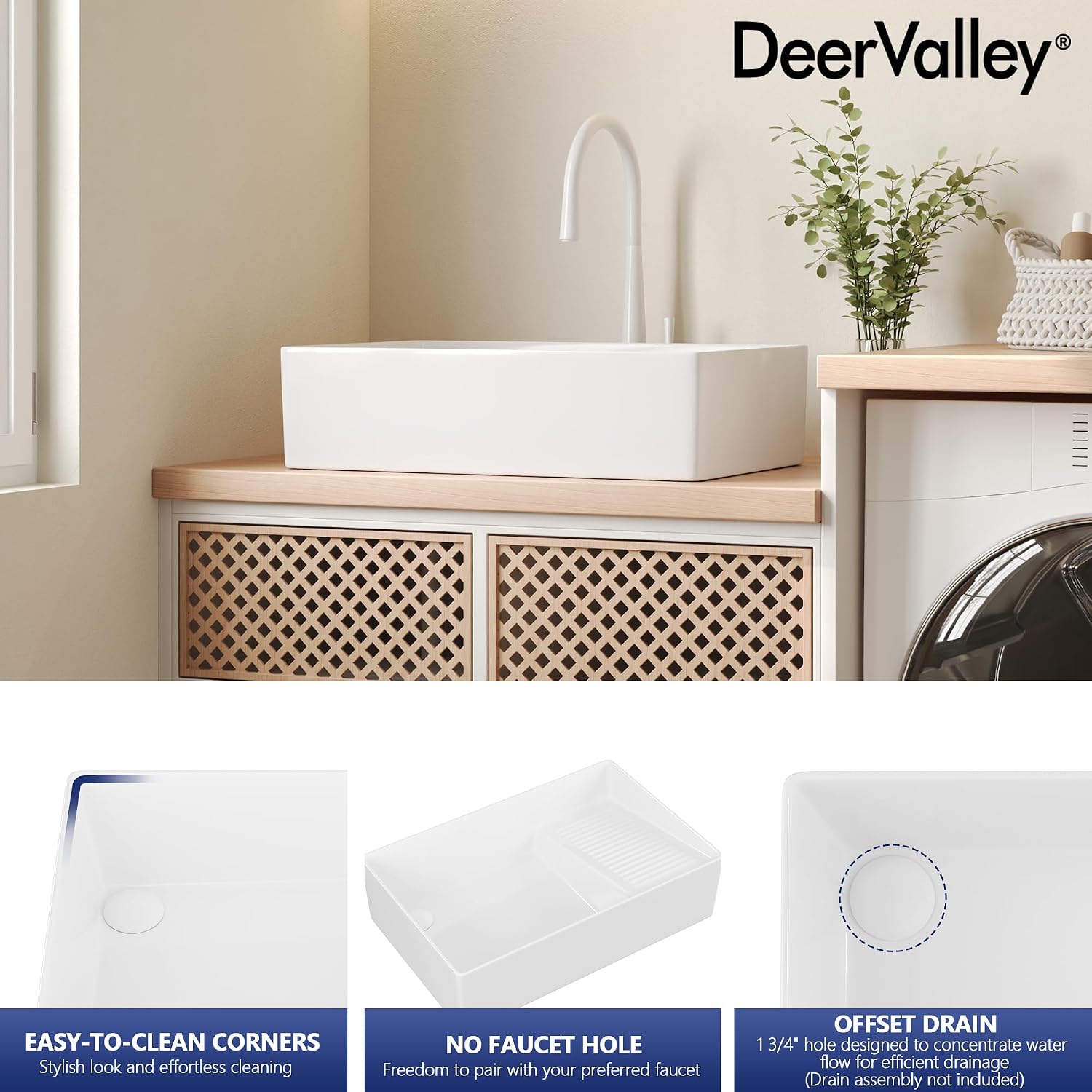 DeerValley 24x15 Inch Utility Vessel Sink, White Ceramic Rectangular Basin with Built-In Washboard and Side Drain, Laundry or Bathroom Sink, DV-1V0321