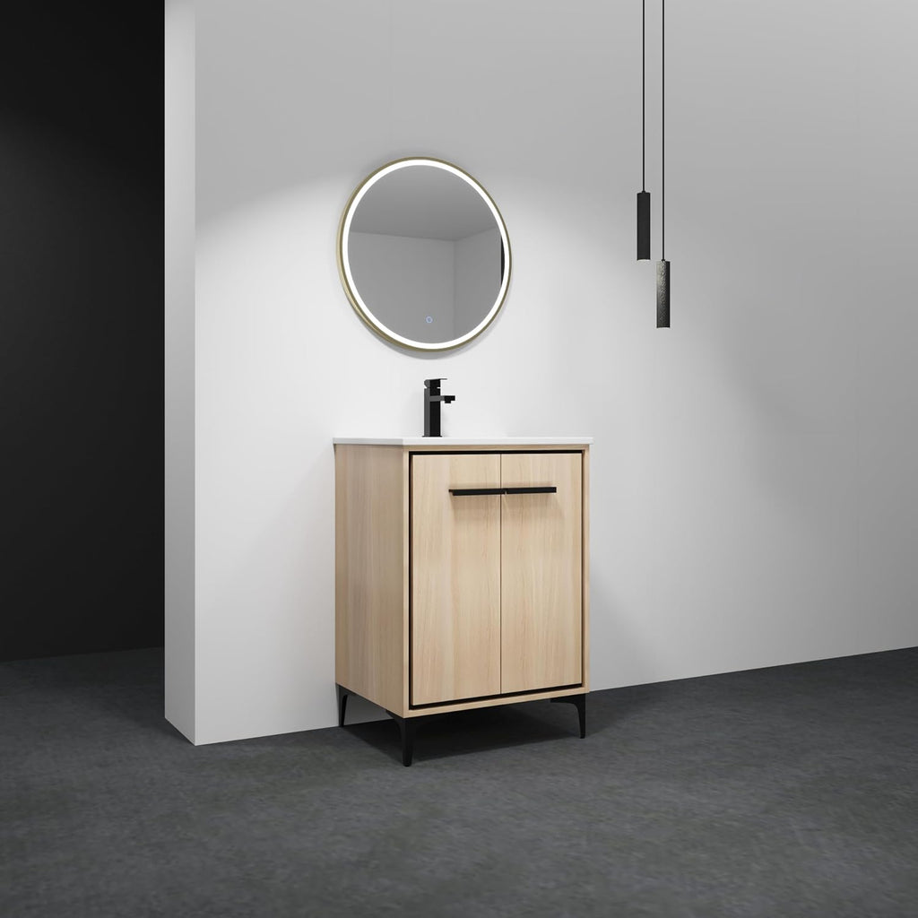 24 Inch Bathroom Vanity with Sink, Freestanding Single Sink Bathroom Vanity with Soft Closed Doors, Integrated Sink, Engineered Wood Bathroom Sink Vanity (Oak)