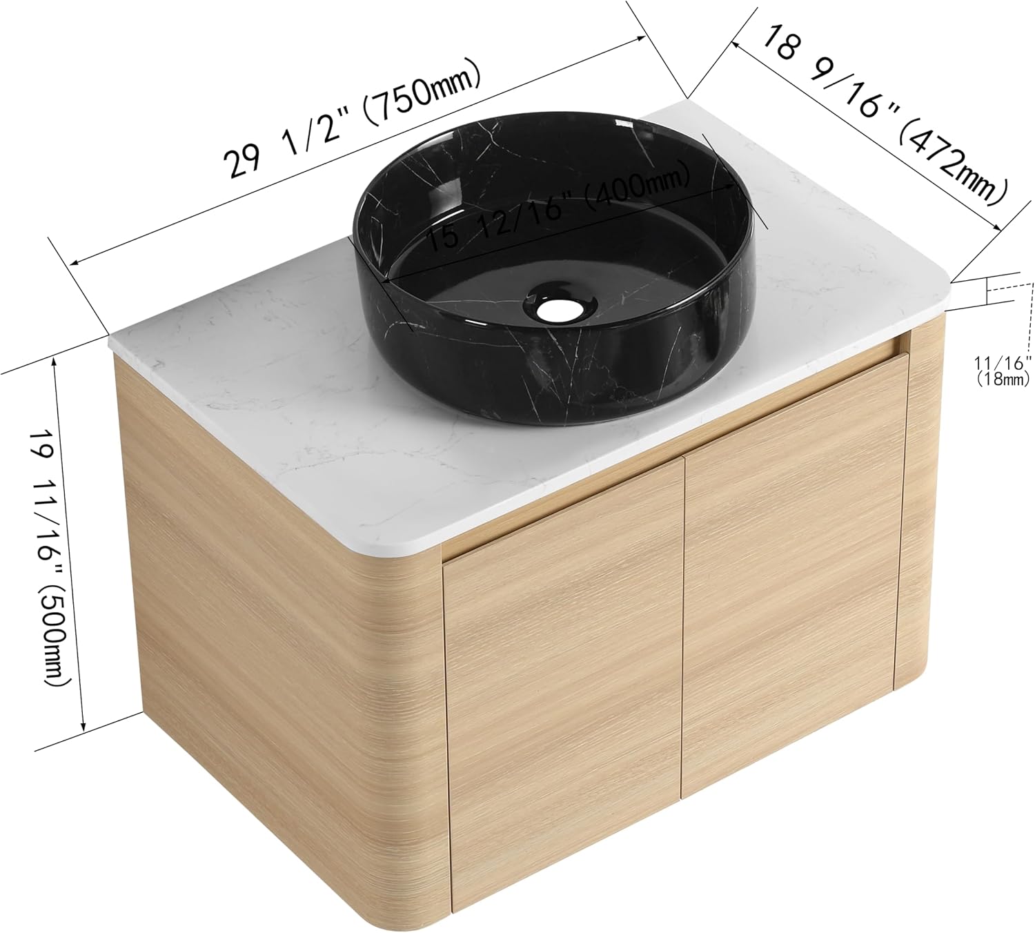30 Inch Wall-Mounted Bathroom Vanity with Sink Combo Modern Floating Bathroom Vanitites with Round Ceramic Vessel Sink 30' Bathroom Sink Cabinet with Marble Counter Top & Soft Closing Door