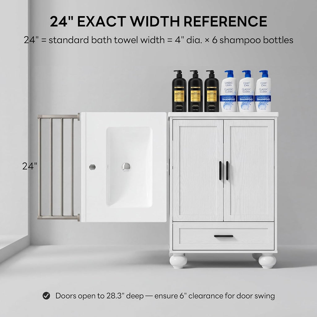LIKIMIO 24' Bathroom Vanity with Ceramic Sink, Small Bathroom Storage Cabinet, 2 Doors 1 Drawer, 4 Solid Wood Legs, Fits 15-40 sqft Bathroom, White Freestanding Vanity Cabinet for Apartments, Rentals