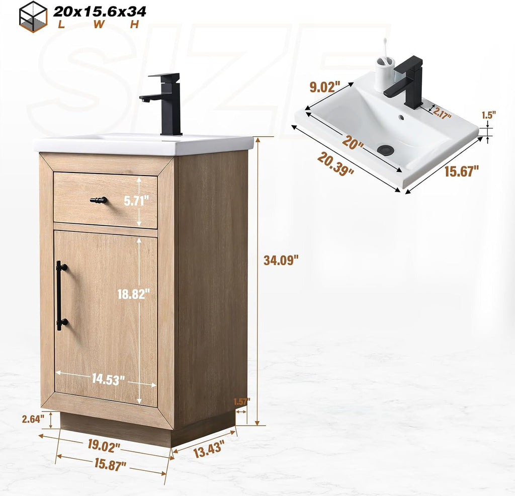 HOMEBEYOND 20 Inch Bathroom Vanity with Single Sink & Ceramic Top, MDF Material Vanity Cabinet with Basin Combo, Soft-Closing Doors, Removable Shelf, Backsplash