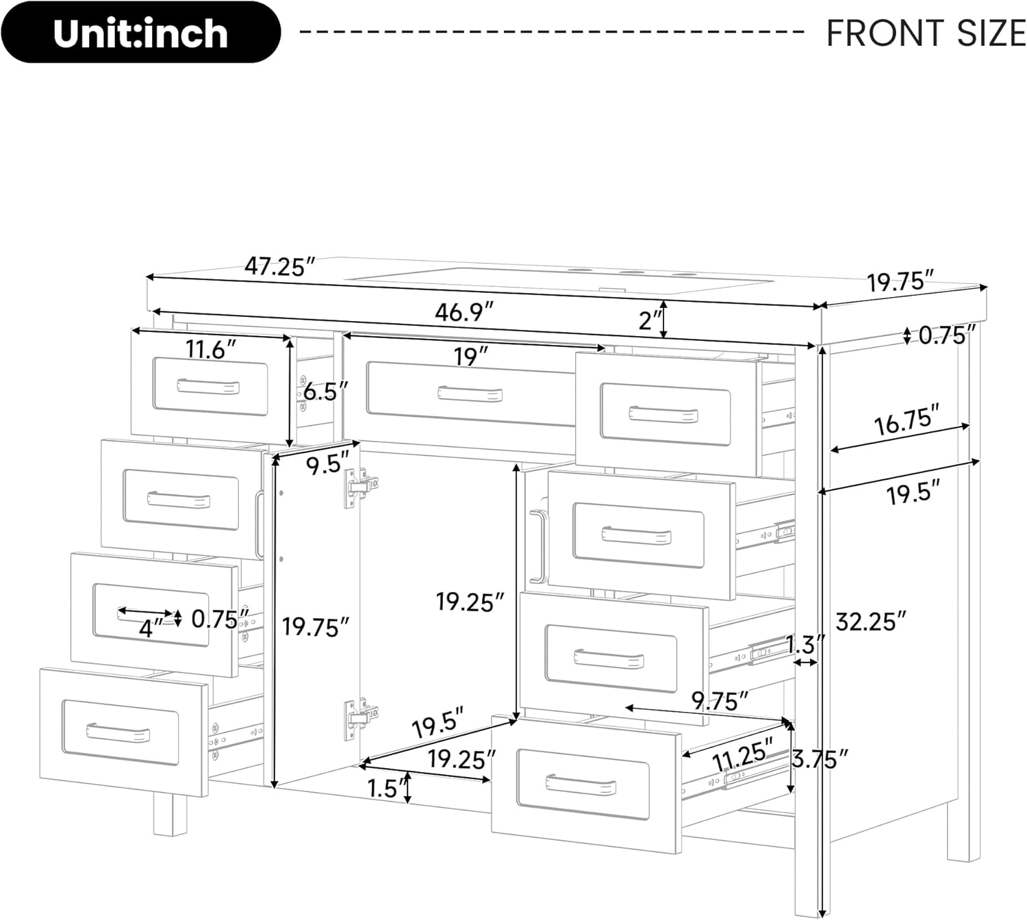 Harper & Bright Designs 48' Bathroom Vanity Set with Sink, Free Standing Single Basin Vanity Set with 2 Soft-Close Doors and 8 Drawers, Wood Storage Cabinet with Resin Basin for Bathroom, Black