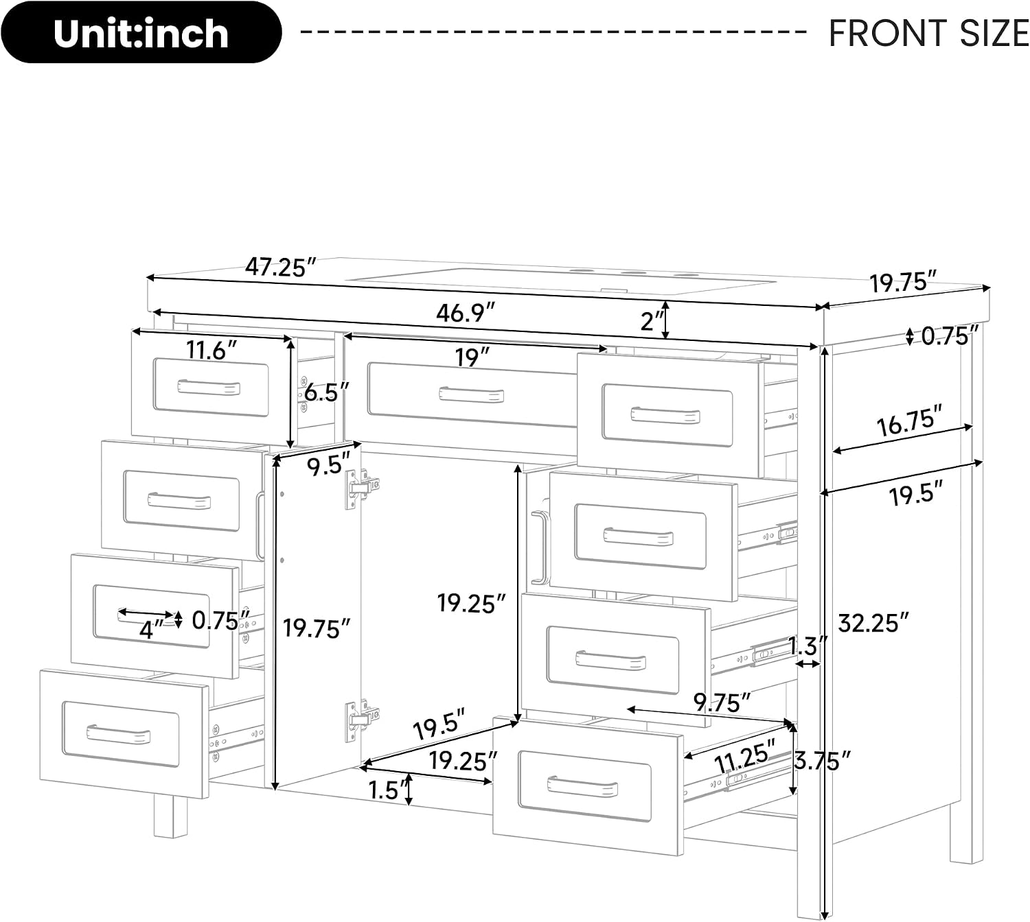 48' Bathroom Vanity with Sink, 2 Doors and 8 Drawers, Soft Close System, Classic Design, Black