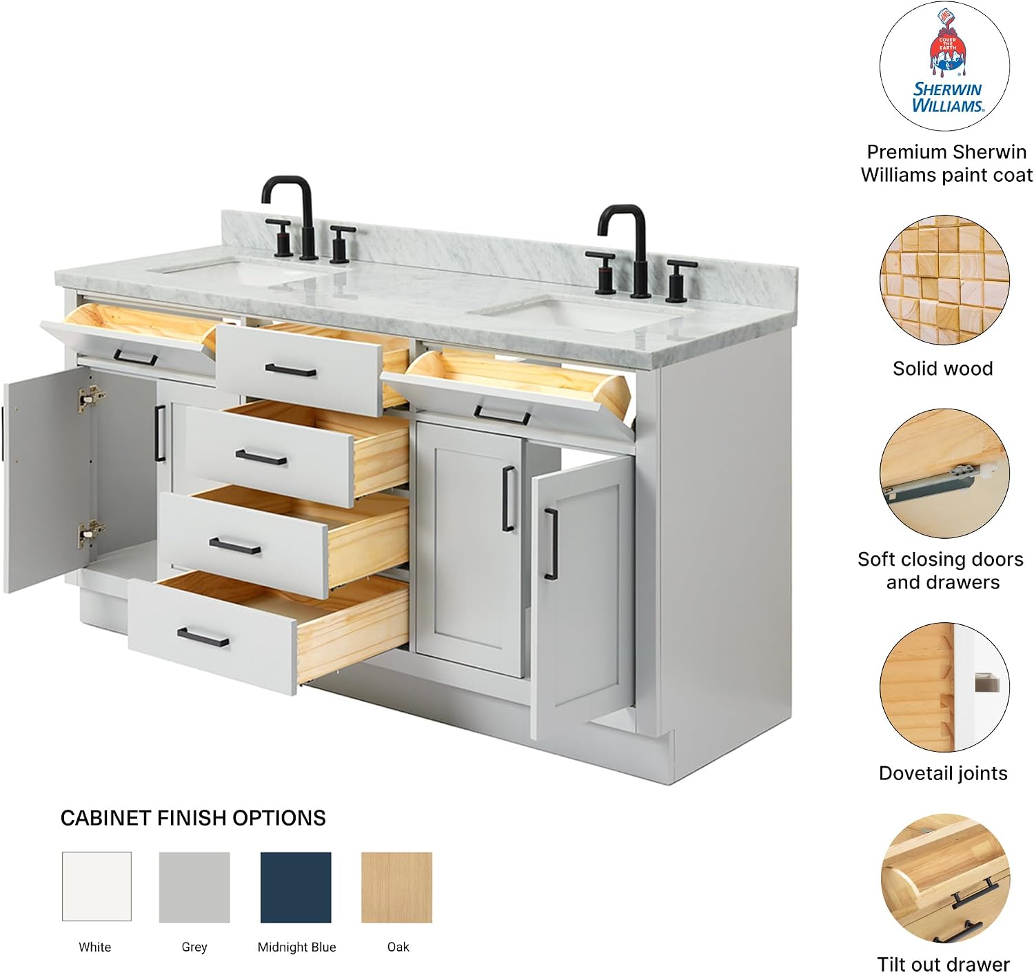 DKB Isabella 72 Inch Bathroom Vanity Double Sink — Grey Bathroom Vanity with Sink, 1.5' Edge Italian Carrara Marble Countertop & Backsplash, 4 Soft-Close Doors, 4 Dovetail Drawers, and 2 Tilt Drawers