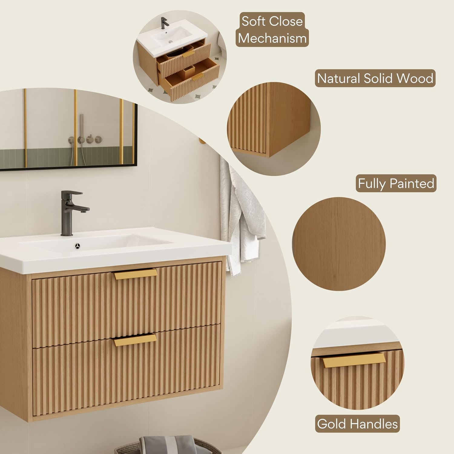 Modern 30' Floating Bathroom Vanity with White Sink in Oak Gray, Solid Wood, Fully Assembled, Single Sink