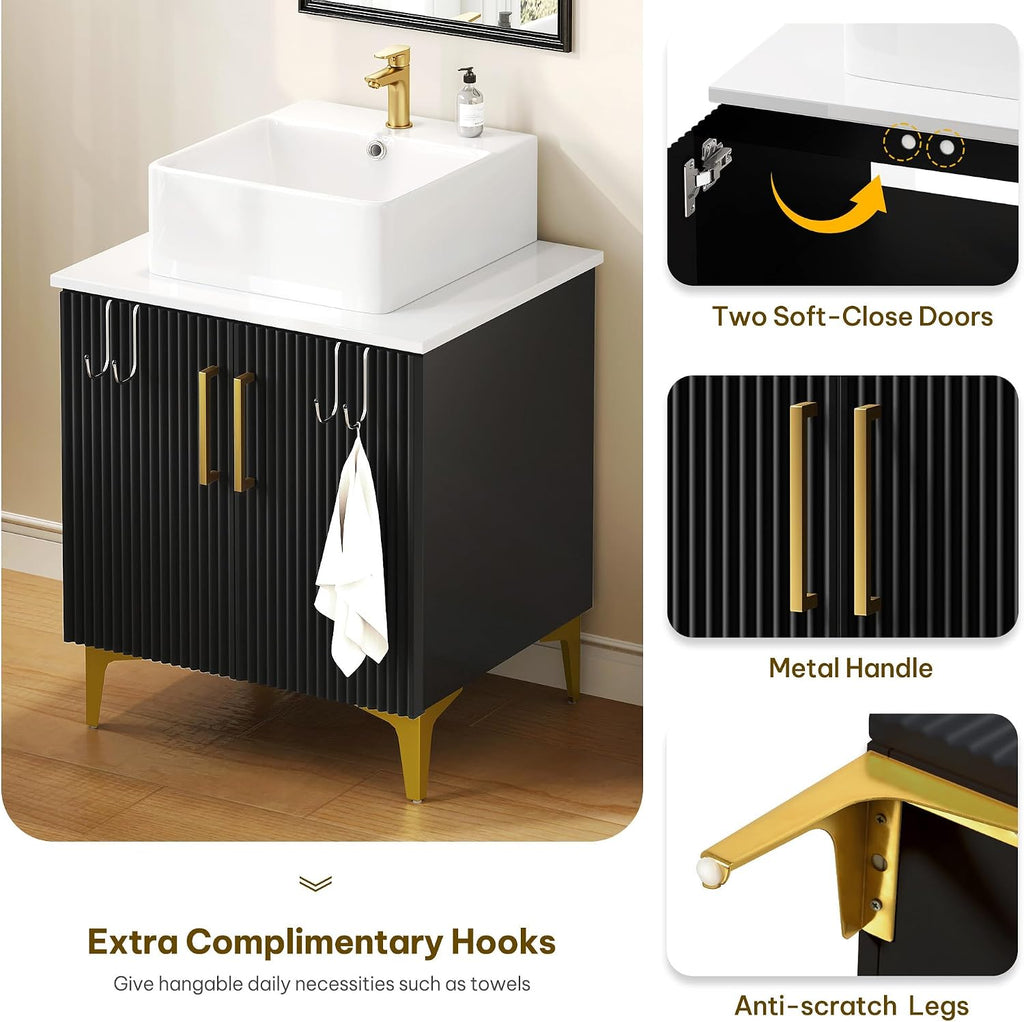 YITAHOME 24 Inch Bathroom Vanity with Vacuum Forming, Freestanding Storage Cabinet Vanity with Engineered White Stone Countertop, 2 Large Soft Closing Doors with Shelf, Gold Handles & Legs, Black