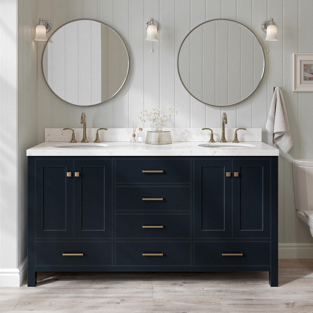 ARIEL Cambridge 66-inch Bathroom Vanity with Sink,Solid Wood, 1.5-inch Carrara White Quartz Countertop, Double Oval Porcelain Sink, 4 Soft Closing Doors, 6 Dovetail Drawers, Midnight Blue