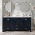 ARIEL Cambridge 66-inch Bathroom Vanity with Sink,Solid Wood, 1.5-inch Carrara White Quartz Countertop, Double Oval Porcelain Sink, 4 Soft Closing Doors, 6 Dovetail Drawers, Midnight Blue