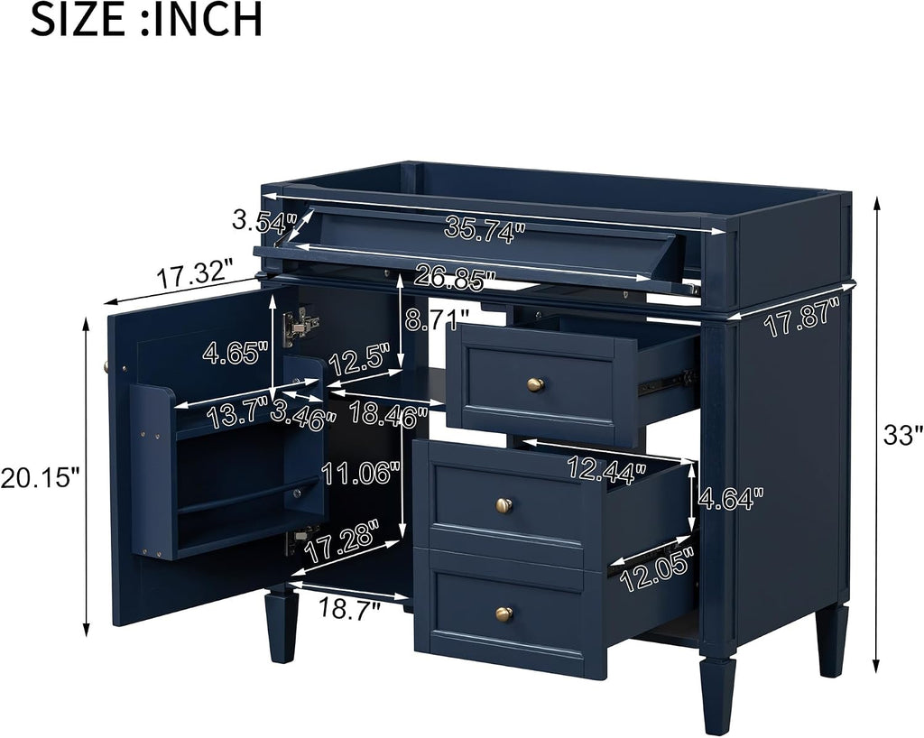 36'' Bathroom Vanity Without Top Sink, Modern Bathroom Storage Cabinet with 2 Drawers and a Tip-Out Drawer, Only Cabinet, Blue