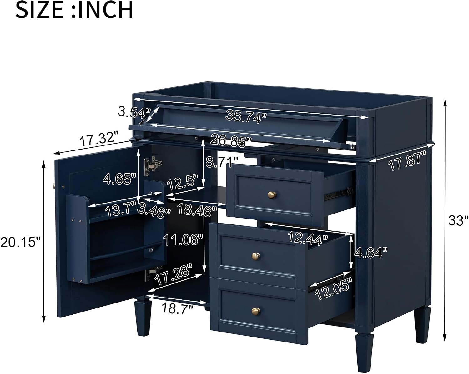 36'' Bathroom Vanity Without Top Sink, Modern Bathroom Storage Cabinet with 2 Drawers and a Tip-Out Drawer, Only Cabinet, Blue