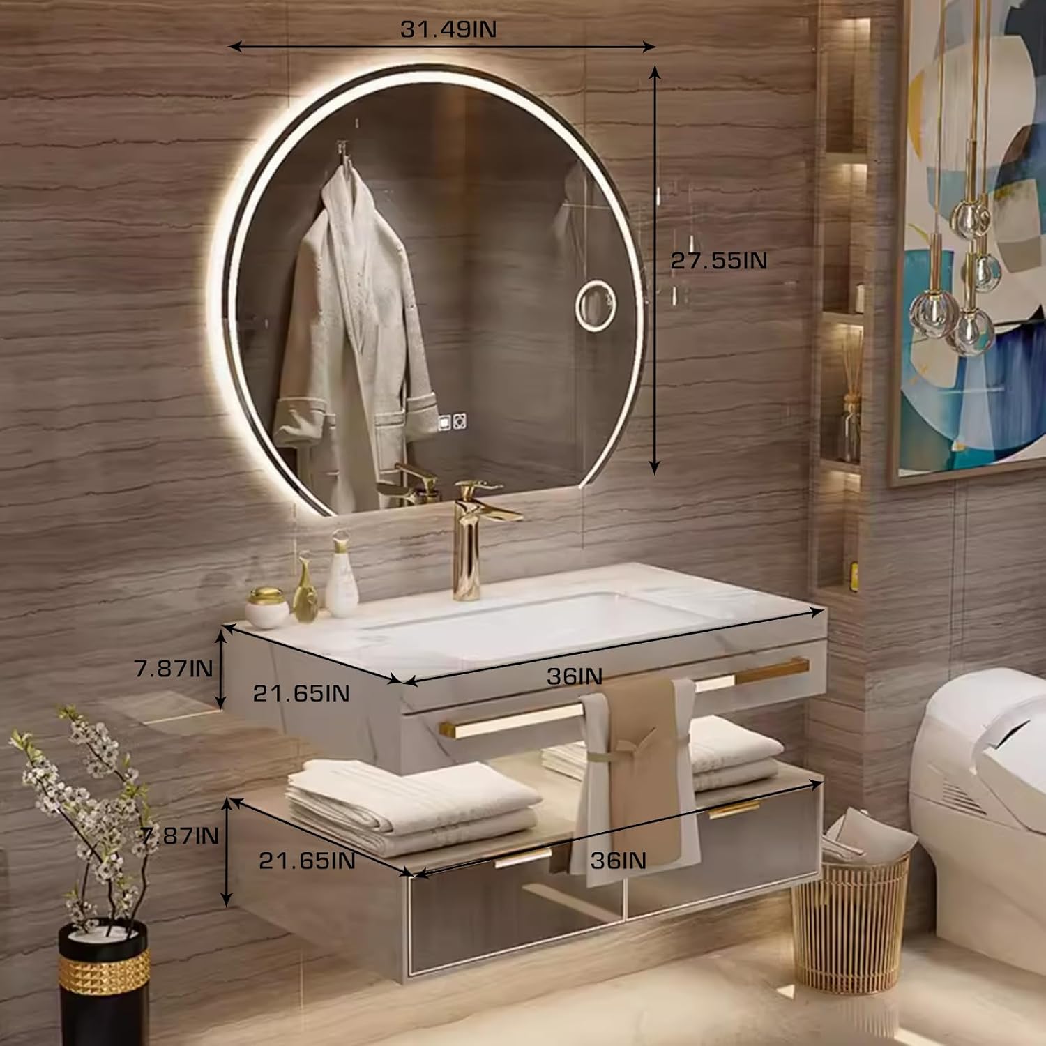 36 Inch Luxury Bathroom Vanity, Floating Bathroom Vanity with Sink and LED Round Smart Defogger Mirror, Multilayer solid wood Spacious Storage Drawer Include Faucet and Drain Fittings,Single Sink