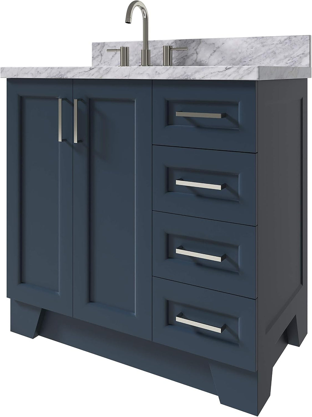 ARIEL Taylor 36-inch Bathroom Vanity with Sink,Solid Wood, 1.5-inch Italian Carrara Marble Countertop, Single Rectangular Porcelain Sink, 2 Soft Closing Doors, 5 Dovetail Drawers, Midnight Blue