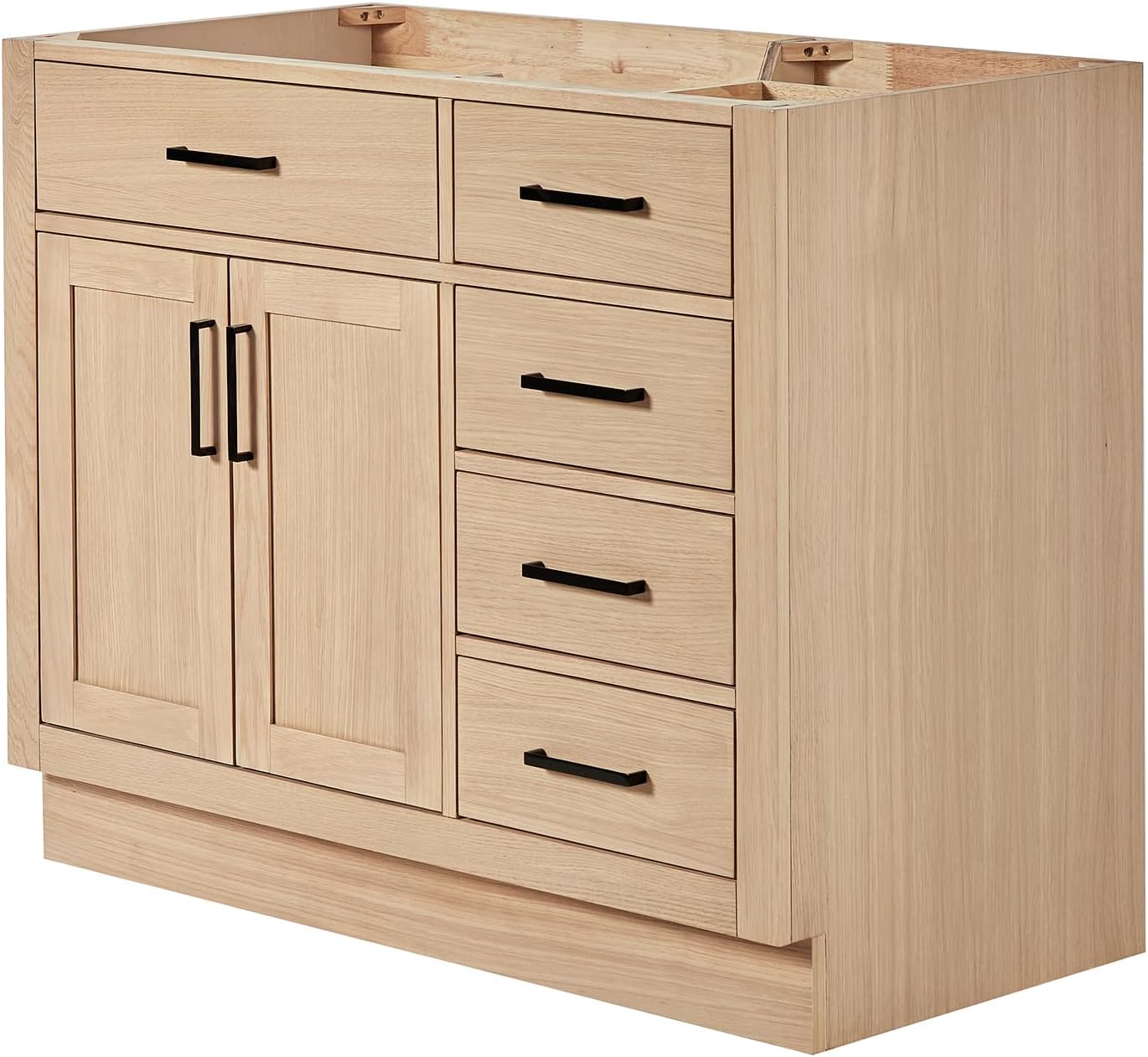 ARIEL Hepburn 42-inch Bathroom Vanity Base Cabinet,Solid Wood, 2 Soft Closing Doors, 5 Dovetail Drawers, White Oak