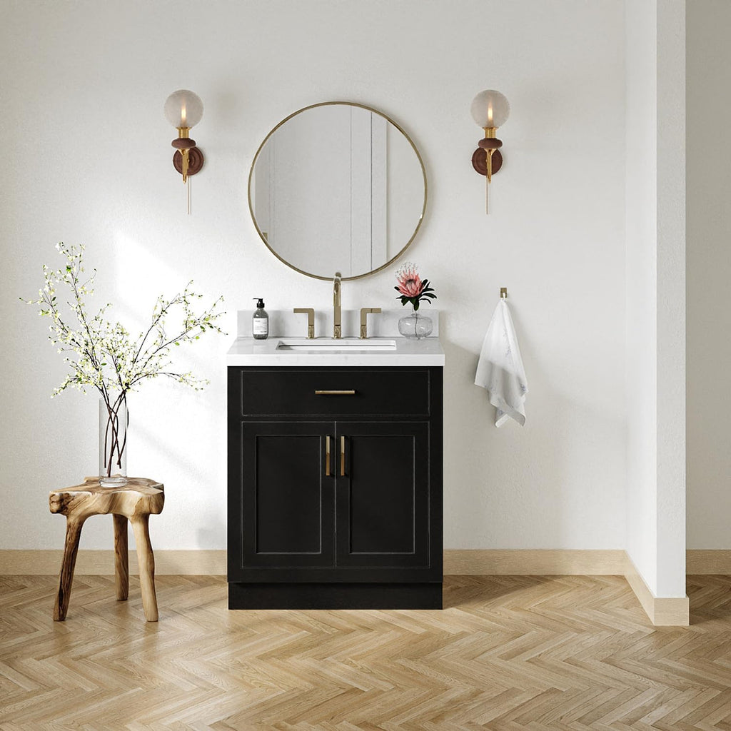 ARIEL Hepburn 30-inch Bathroom Vanity with Sink,Solid Wood, 1.5-inch Carrara White Quartz Countertop & Backsplash, Single Rectangular Porcelain Sink, 2 Soft Closing Doors, 1 Dovetail Drawers, Black